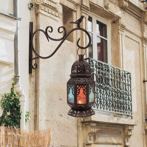 Miniatura 5 de Lewondr Farol de vela retro de hierro Ramadán, portátil de hierro forjado marroquí, de 10.2 pulgadas, portavelas decorativo, lámpara colgante