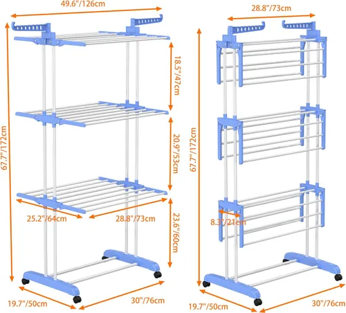 Miniatura 6 de HOMIDEC Tendedero de Ropa, Tendedero Plegable Grande de 4 Niveles para Ropa (67.7H x 19.7W x 30L Pulgadas), Móvil con 4 Ruedas. Tendedero Azul