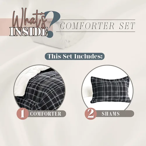 Miniatura 3 de Elegant Comfort Edredón Sherpa suave y afelpado, colección Lilith a cuadros, juego de cama de 3 piezas, microgamuza alternativa reversible al Gris