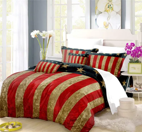 REALIN Juego de funda de edredón de estrellas y rayas, ropa de cama vintage, color rojo, blanco y azul, 2/3/4 piezas, fundas de