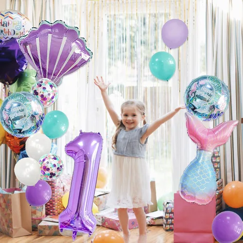 Miniatura 2 de Decoraciones de cumpleaños de sirena número 1: 13 globos de cola de sirena