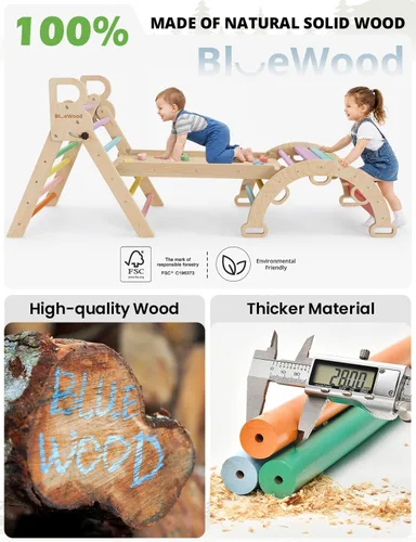 Miniatura 9 de BlueWood Conjunto de Triángulo Pikler con Cojín - Juguetes de Escalada para Niños Pequeños 9-en-1, Gimnasio de Juegos con Filosofía Montessori