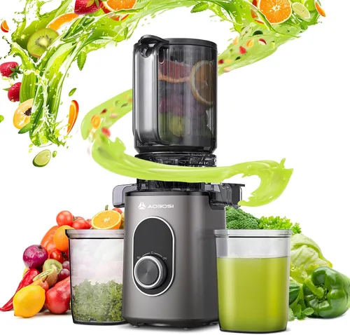 AAOBOSI Exprimidor de prensa en frío, 4.35 pulgadas de conducto de alimentación grande, máquina exprimidora (actualización) Extractor de jugo lento