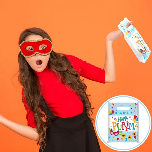 Miniatura 4 de Sayglossy 100 bolsas de golosinas Purim de 7 x 9.5 pulgadas, bolsas de regalo Happy Purim a granel con asas troqueladas para fiestas, dulces