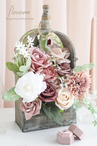 Miniatura 4 de Floroom - Flores artificiales de aspecto real en color rosa polvoriento y malva, rosas falsas, peonías y vegetación en conjunto para ramos de boda