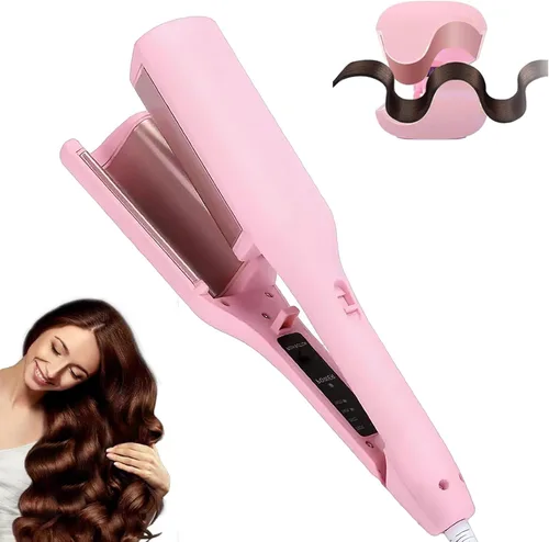 Rizador Waver, 4 herramientas de pelo de temperatura ajustable con 2 barriles de cerámica, anti-quemaduras, calentamiento rápido 15S, plancha de Rosa