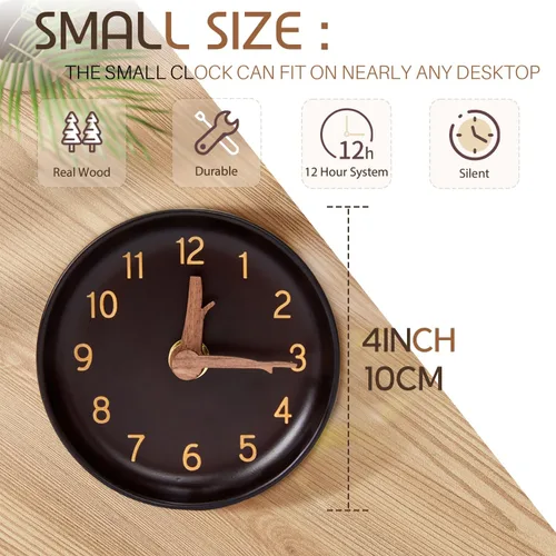 Miniatura 2 de Reloj de escritorio analógico de madera, pequeño, redondo, de cuarzo, funciona con pilas, sin tictac, silencioso, para oficina, sala de estar, 4