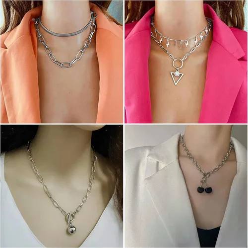 Miniatura 3 de Juego de 8 collares de cadena en tono plateado y dorado para mujeres, adolescentes y niñas y niños, collar colgante en capas con diseño multicolor