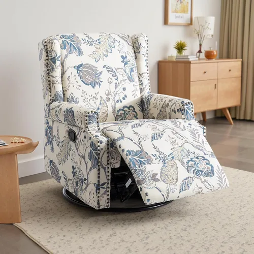 Miniatura 13 de Silla reclinable tapizada, sillón de ala floral con respaldo y reposapiés ajustables, cómoda silla decorativa para leer, sofá individual