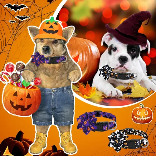 Miniatura 9 de Silkfly 6 collares de Navidad para cachorros con flores de otoño, arce, pavo, calabaza, collar ajustable para mascotas con hebilla de plástico
