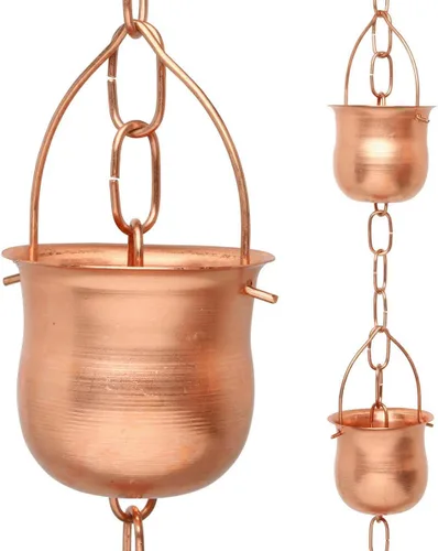 Miniatura 11 de Cadena de lluvia de cobre – Campanas decorativas y tazas reemplazan la canaleta y desvían el agua lejos de casa para una impresionante exhibición
