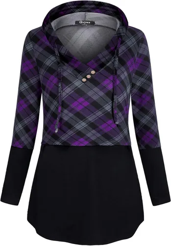 Miniatura 2 de QUINEE sudadera con capucha para mujer de manga larga a cuadros, bloque