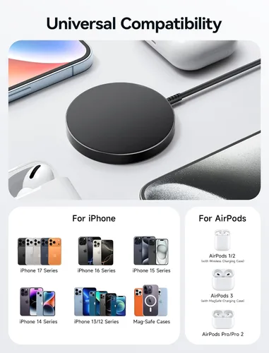 Miniatura 7 de Cargador MagSafe para iPhone 17, paquete de 2, cargador inalámbrico magnético JSAUX de 15 W para cargador MagSafe, iPhone 17 Air Pro