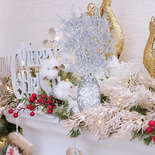 Miniatura 5 de Winlyn 6 piezas de cedro artificial con purpurina en aerosol plateado de Navidad, ramas de pino de cedro sintético, arreglos florales plateados