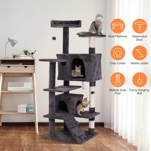 Miniatura 5 de ZENY Árbol para gatos de 54 pulgadas, condominio de torre para gatos de interior, casa para gatos de varios niveles con poste rascador cubierto