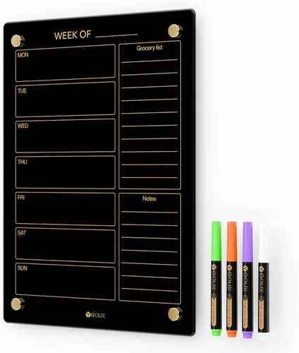 Calendario semanal de borrado en seco dorado de cristal negro y pizarra blanca de menú para pared, planificación de comidas y lista de compras de