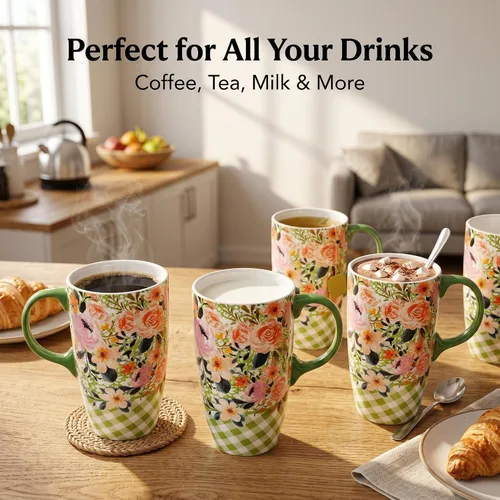 Miniatura 3 de Topadorn Taza de viaje de cerámica de 17 onzas con tapa, rosa acuarela y flores a cuadros, resistente a derrames, apta para microondas y Verde & Rosa