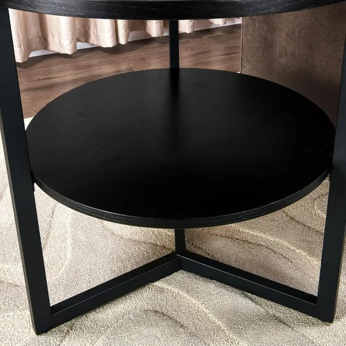 Miniatura 8 de Mesa auxiliar redonda grande con estante de almacenamiento, sofá circular rústico patas de metal negro, mesita de noche de madera maciza, teléfono