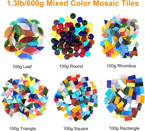 Miniatura 4 de Azulejos de mosaico de vidrio de color mixto 1.3lb/600g, 6 formas mixtas hoja de pétalo/redondo/rectángulo/cuadrado/rombo/triángulo vidrieras piezas