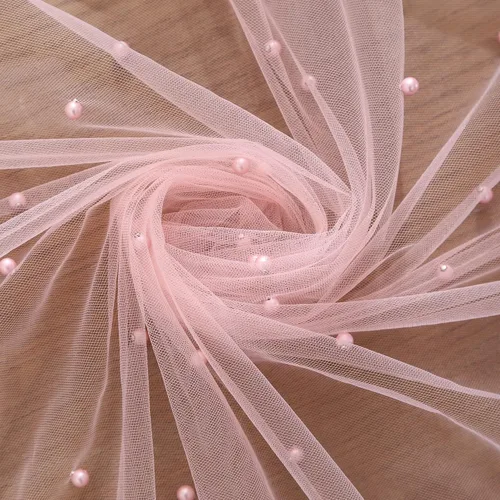 Miniatura 6 de Mantel de encaje rosa con perla de 55 x 55 pulgadas, funda de mesa de tela de tul transparente para decoración de arco de boda, cumpleaños, fiesta