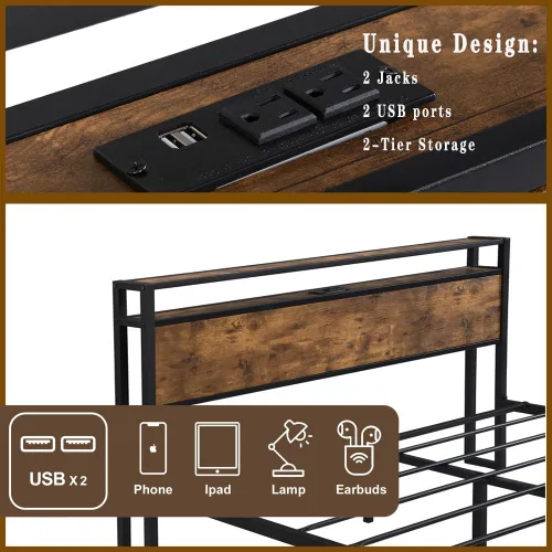 Miniatura 3 de Base de cama industrial tamaño matrimonial, marco de cama de plataforma con tomas de corriente y 2 puertos USB y con cabecera de almacenamiento de 2