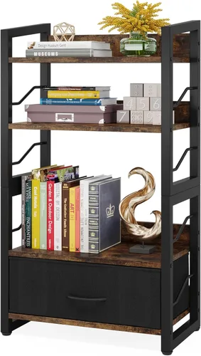 Miniatura 10 de Hosfais Estantería pequeña para libros, estantería de madera de 3 niveles, estantería industrial, estantería estrecha de metal, organizador