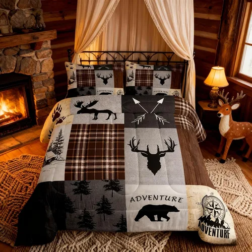 Miniatura 3 de Juego de edredón de cuernos de ciervo tamaño individual, juego de ropa de cama rústica de granja con huellas de oso y pinos para decoración