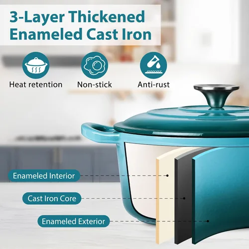 Miniatura 4 de LIANYU Horno holandés de hierro fundido esmaltado, olla redonda de 3 cuartos con tapa, utensilios de cocina resistentes para hornear pan, latón