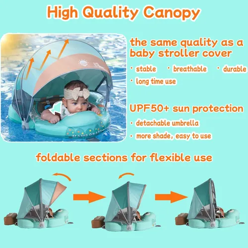 Miniatura 4 de Mambobaby Flotador con Toldo y Cola Nuevo Mejorado Flotador de Piscina No Inflable para Bebé Flotador de Natación Mambo Entrenador de Natación