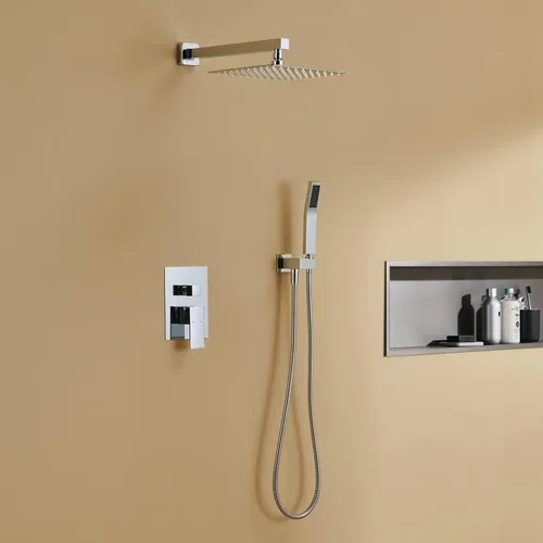 Miniatura 7 de Juego de combinación de ducha de lluvia de 10 pulgadas con llave de montaje en pared cromada, juego de grifos de baño con cabezal de ducha de lluvia