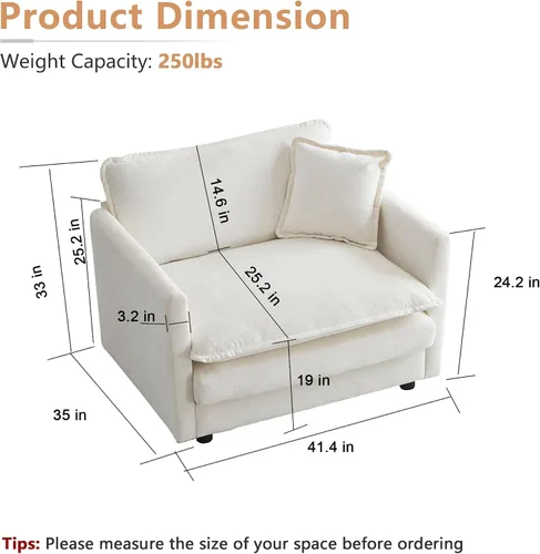 Miniatura 2 de mikibama Sofá de una plaza de 41.4 pulgadas, sillón cómodo tapizado profundo de chenilla con almohada decorativa para sala de estar, dormitorio