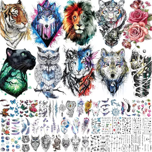 Bilizar 56 hojas de tatuajes temporales de acuarela, búho, tigre, león, para mujeres y hombres, arte corporal, muslo, brazo y muslo, 3D de larga