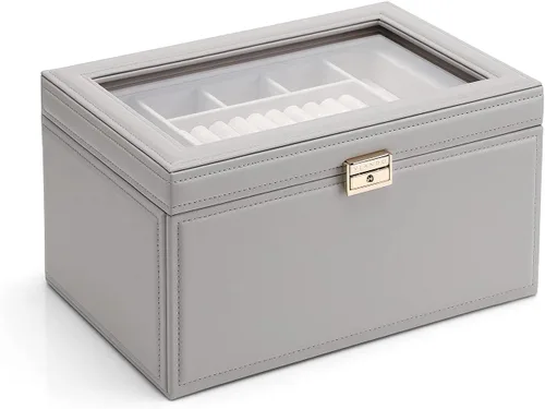 Vlando Organizador de joyero, vitrina grande de cuero para joyas, caja de almacenamiento de 2 cajones, color gris