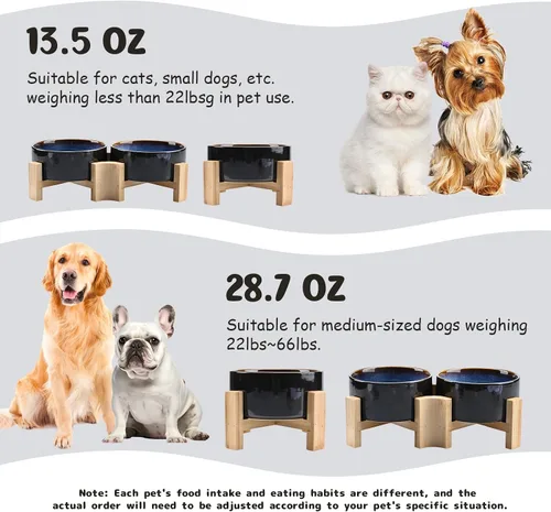 Miniatura 5 de SPUNKYJUNKY Cuenco de cerámica inclinado de 15° para perros y gatos con soporte de madera, cuenco inclinado para comida y agua para bulldog, Azul