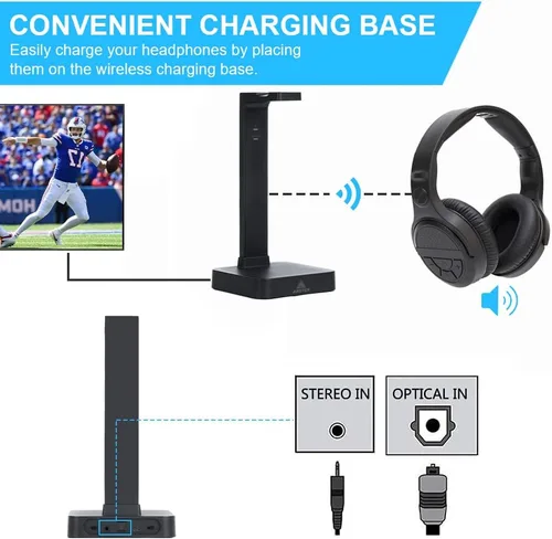 Miniatura 2 de ANSTEN Auriculares inalámbricos para ver televisión con transmisor RF óptico digital RCA 2.4 GHz, base de carga, auriculares sobre la oreja con 3