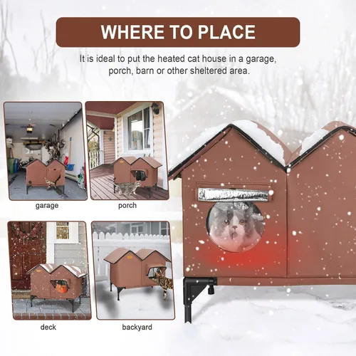 Miniatura 6 de Casa climatizada para gatos para exteriores en invierno, casa elevada para gatos al aire libre, resistente a la intemperie, puerta de escape