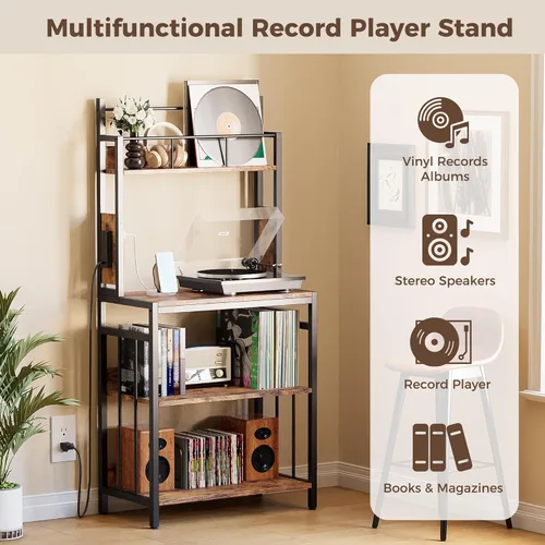 Miniatura 6 de IRONCK Soporte para tocadiscos, almacenamiento de discos de vinilo de 2 niveles, mesa grande para tocadiscos con estación de carga, soporte