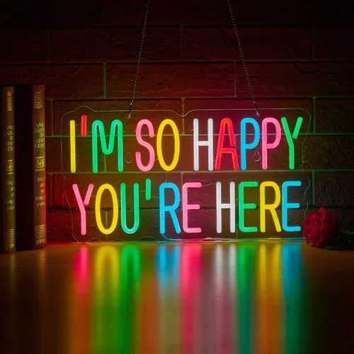 Letrero de neón "I'm So Happy You're Here" para decoración de pared, luz de neón LED regulable, alimentado por USB, letreros de arte de neón para