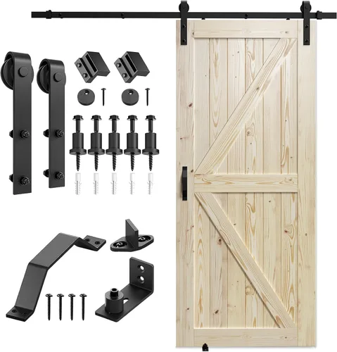 Miniatura 11 de SMARTSTANDARD Puerta corrediza de granero de 24 x 80 pulgadas con kit de herrajes y mango de níquel cepillado de 5 pies, se requiere un montaje