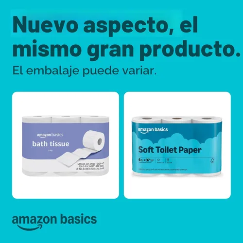 Miniatura 2 de Amazon Basics - Papel higiénico de 2 capas, 6 rollos = 24 rollos regulares, 350 hojas, (1 paquete de 6), sin perfume