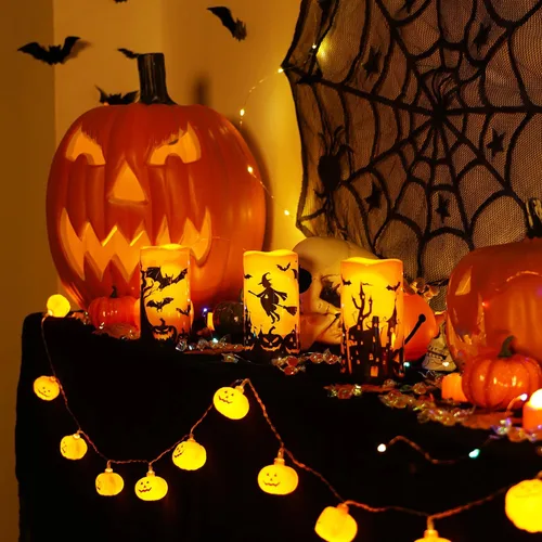 Miniatura 3 de Homemory Velas de Halloween, velas sin llama naranjas, velas led de pilas impermeables para exteriores con calabazas impresas, con mando a distancia