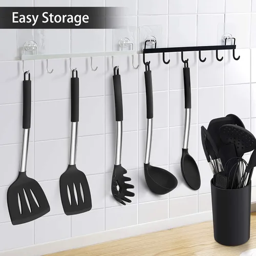 Miniatura 7 de LIANYU Juego de utensilios de cocina de 15 piezas con soporte, herramientas de cocina de silicona, mango de acero inoxidable, espátula ranurada