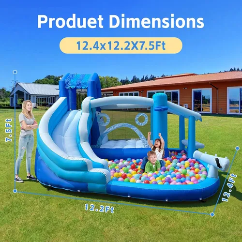 Miniatura 2 de Tobogán acuático inflable para niños, tobogán acuático de tela Oxford resistente con piscina y soplador de 550 W, combo de casa de rebote al aire