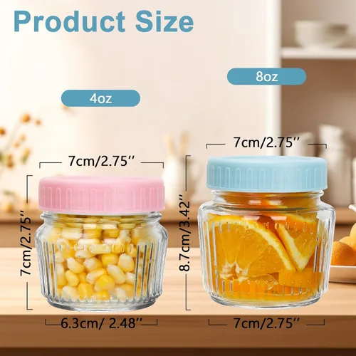 Miniatura 2 de Frascos de vidrio Mason de boca regular, tarros Mason mini de 4 oz, paquete de 8 frascos de vidrio transparente con tapas de plástico coloridas