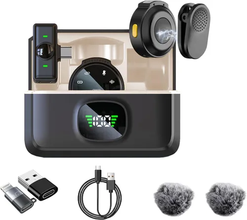 Paquete de 2 micrófonos de solapa inalámbricos para iPhone 15, Android, USB C, iPad con adaptador incluido, mini micrófono de solapa con cancelación