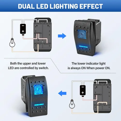 Miniatura 3 de Anina 4 interruptores basculantes de 5 pines SPST 20A/12V 10A/24V encendido/apagado con adhesivo de brillo nocturno y cable de puente, luz LED azul