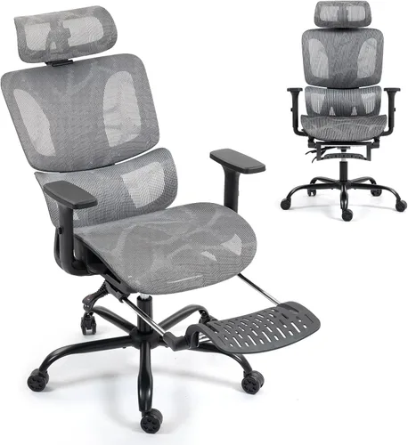 Silla de oficina ergonómica con soporte lumbar ajustable, reposabrazos y reposacabezas 3D, silla reclinable de 135° con reposapiés, silla giratoria