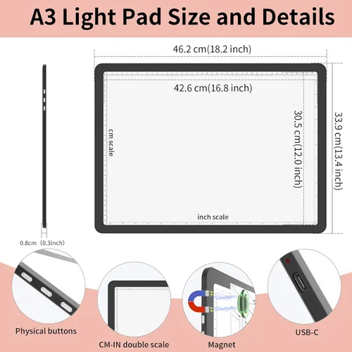 Miniatura 7 de YINGWOND Almohadilla de luz recargable A3 para pintura de diamantes con batería de 4000 mAh, botones físicos laterales, tablero de luz de arte