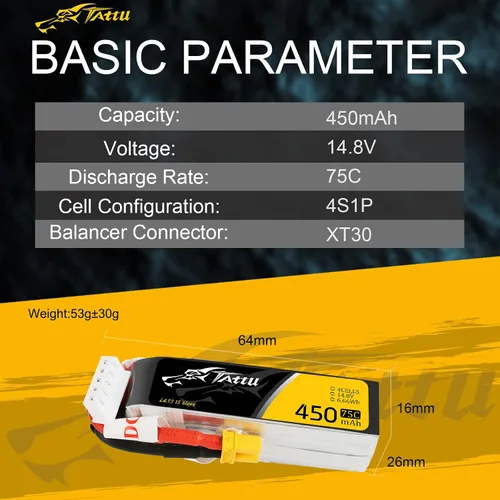 Miniatura 2 de Gens ace Tattu 4S Lipo Batería 14.8 V 450 mAh 75C Lipo Batería XT30 Plug para H Frame Mini RC Racing Drone FPV