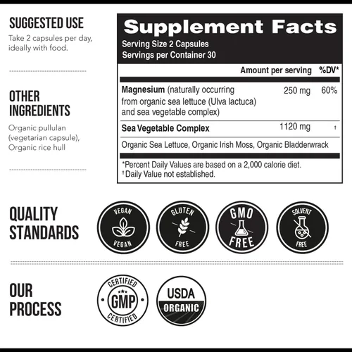 Miniatura 7 de Suplemento de magnesio orgánico de alimentos integrales - A base de plantas, complejo de vegetales marinos orgánicos - 250 mg por porción Extraído